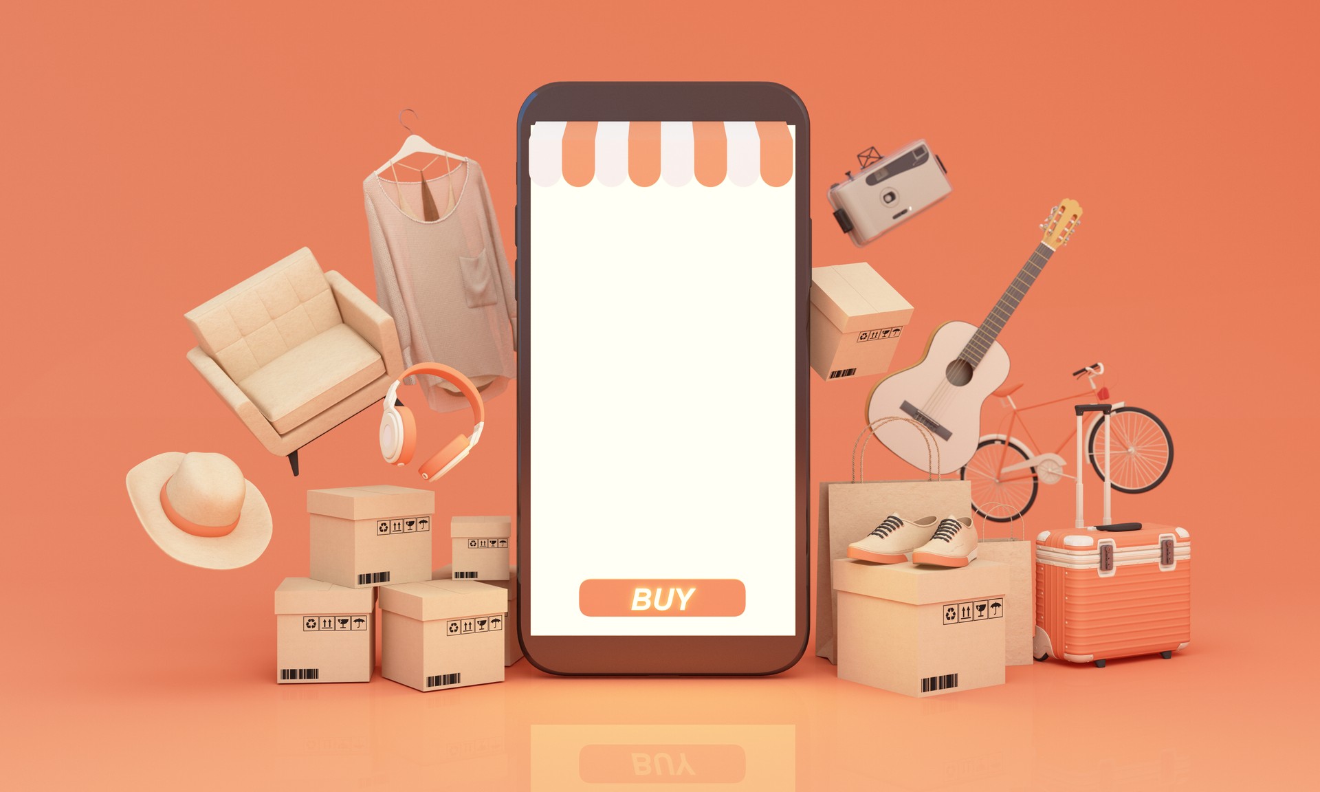 Online shopping website mobile application digital marketing store on mobile phone screen showcase display It consists of product boxes, clothes, shoes, furniture, gadgets and gift boxes. 3d rendering